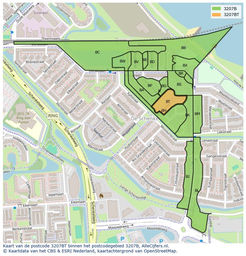 Afbeelding van het postcodegebied 3207 BT op de kaart.