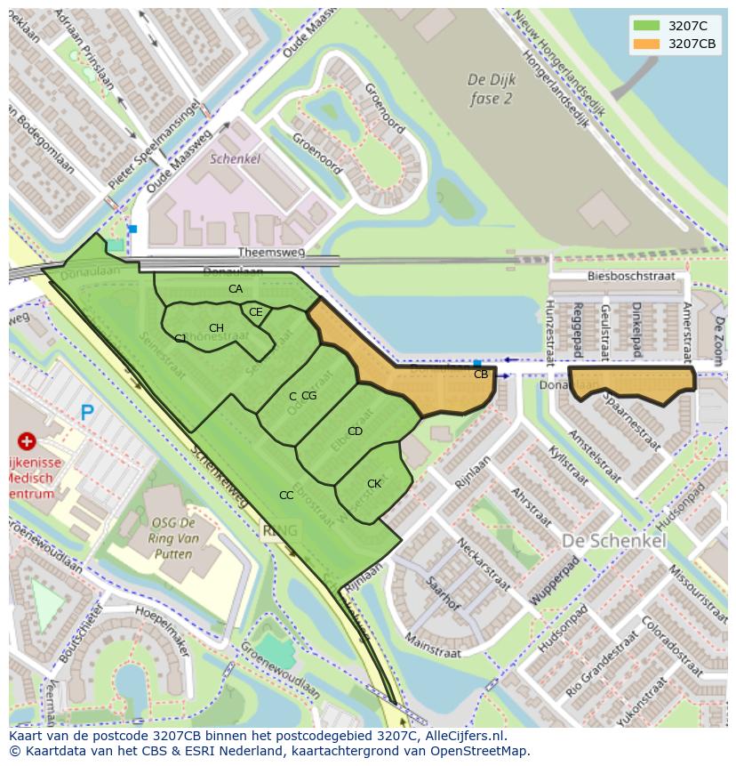 Afbeelding van het postcodegebied 3207 CB op de kaart.