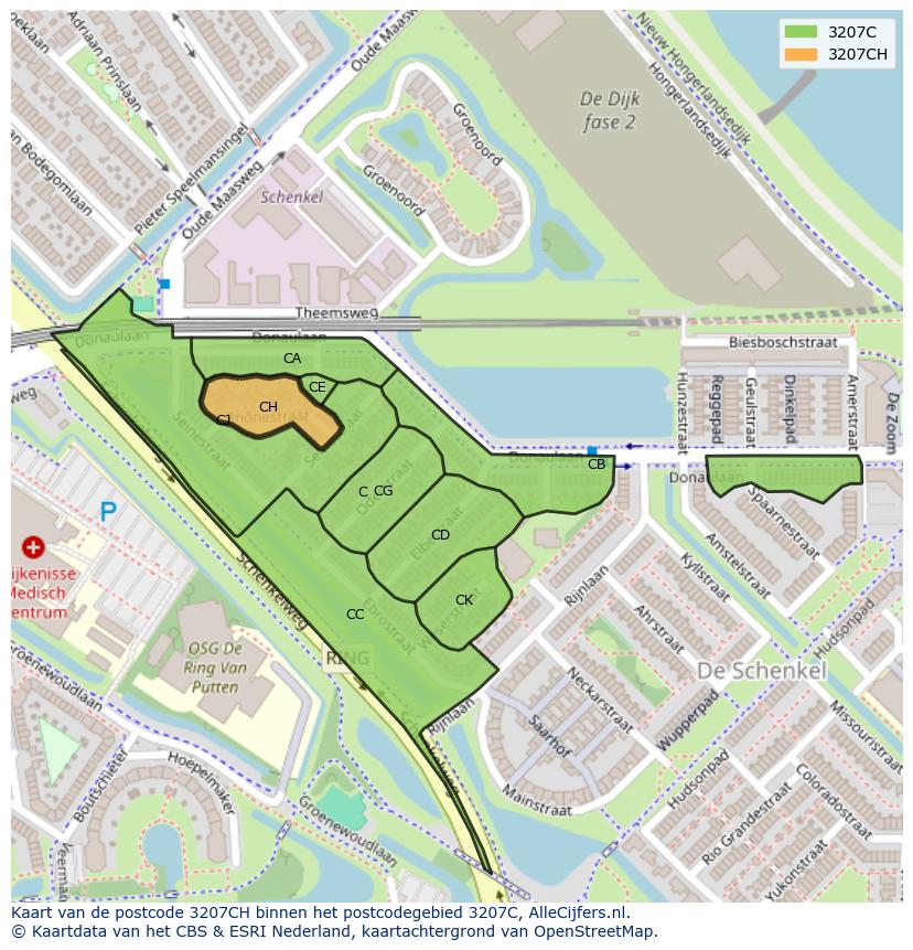 Afbeelding van het postcodegebied 3207 CH op de kaart.