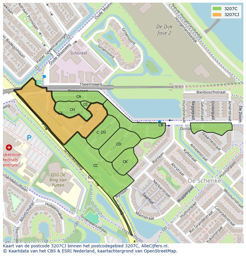 Afbeelding van het postcodegebied 3207 CJ op de kaart.