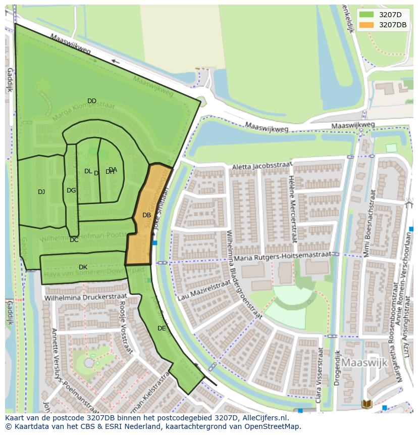 Afbeelding van het postcodegebied 3207 DB op de kaart.
