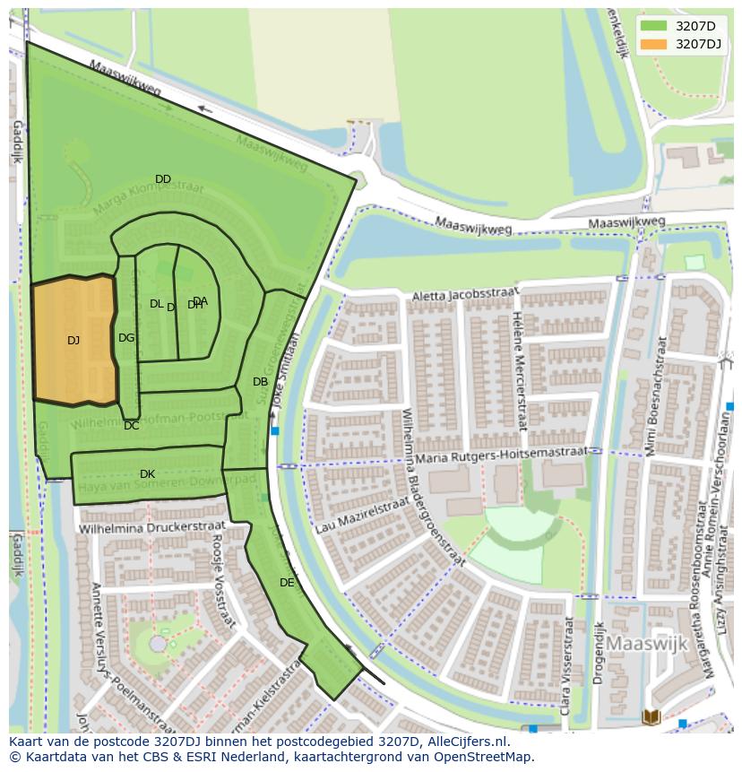 Afbeelding van het postcodegebied 3207 DJ op de kaart.
