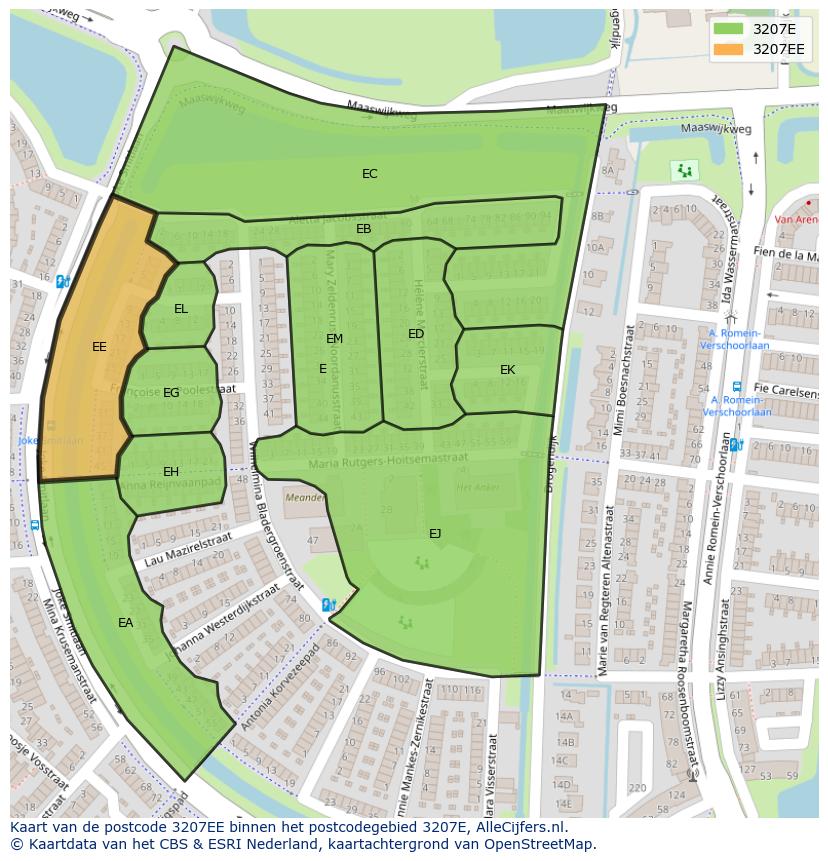 Afbeelding van het postcodegebied 3207 EE op de kaart.