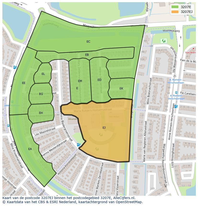 Afbeelding van het postcodegebied 3207 EJ op de kaart.