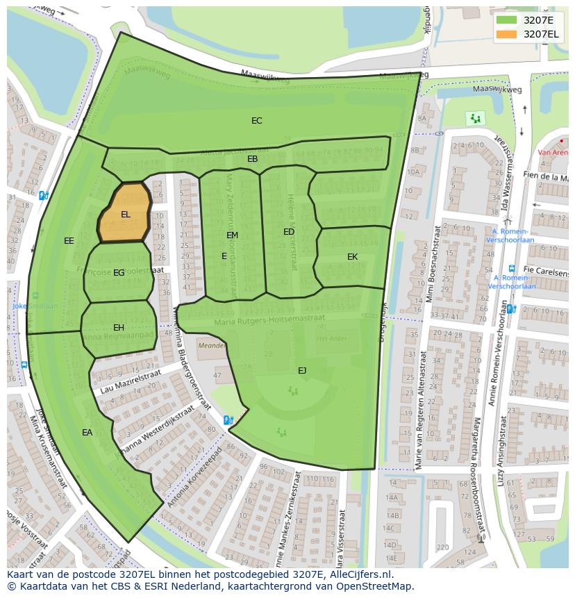 Afbeelding van het postcodegebied 3207 EL op de kaart.