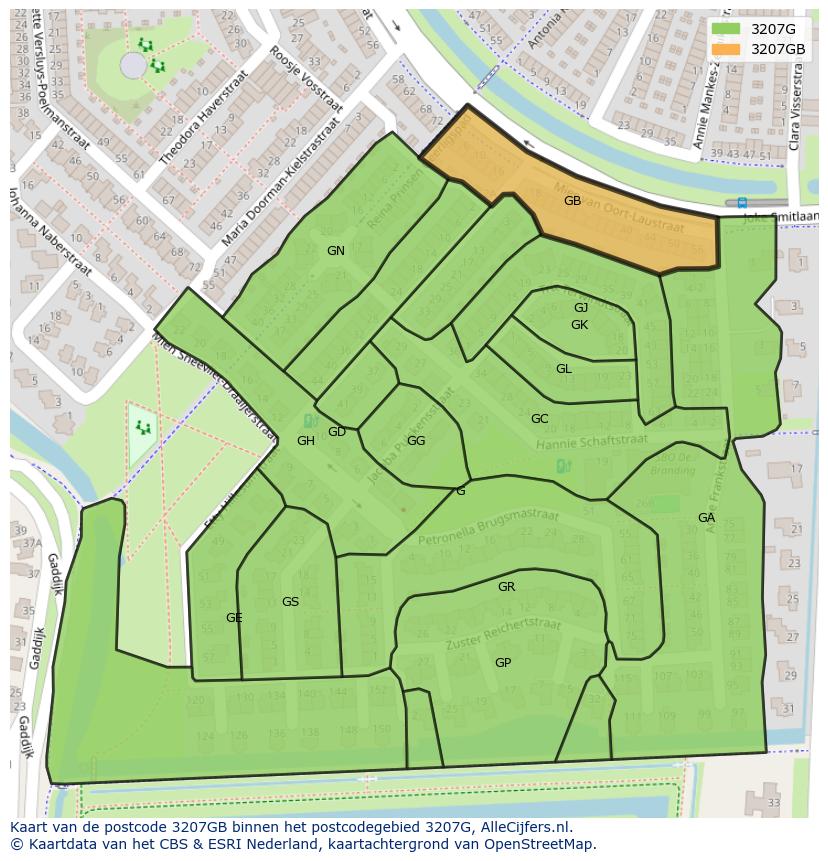 Afbeelding van het postcodegebied 3207 GB op de kaart.