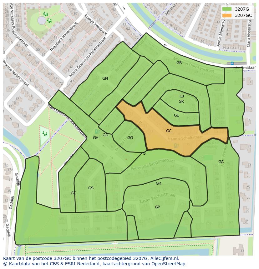 Afbeelding van het postcodegebied 3207 GC op de kaart.