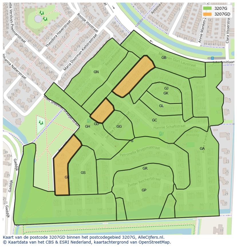 Afbeelding van het postcodegebied 3207 GD op de kaart.