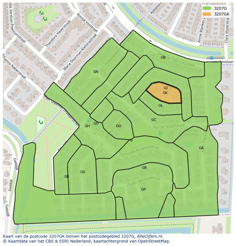 Afbeelding van het postcodegebied 3207 GK op de kaart.