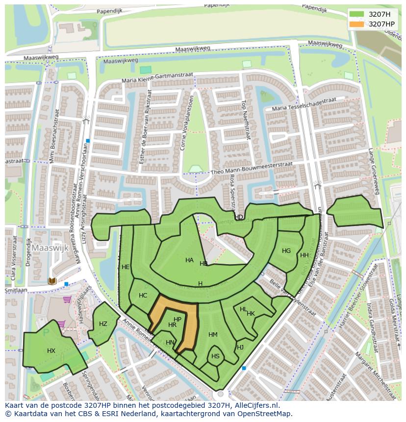 Afbeelding van het postcodegebied 3207 HP op de kaart.