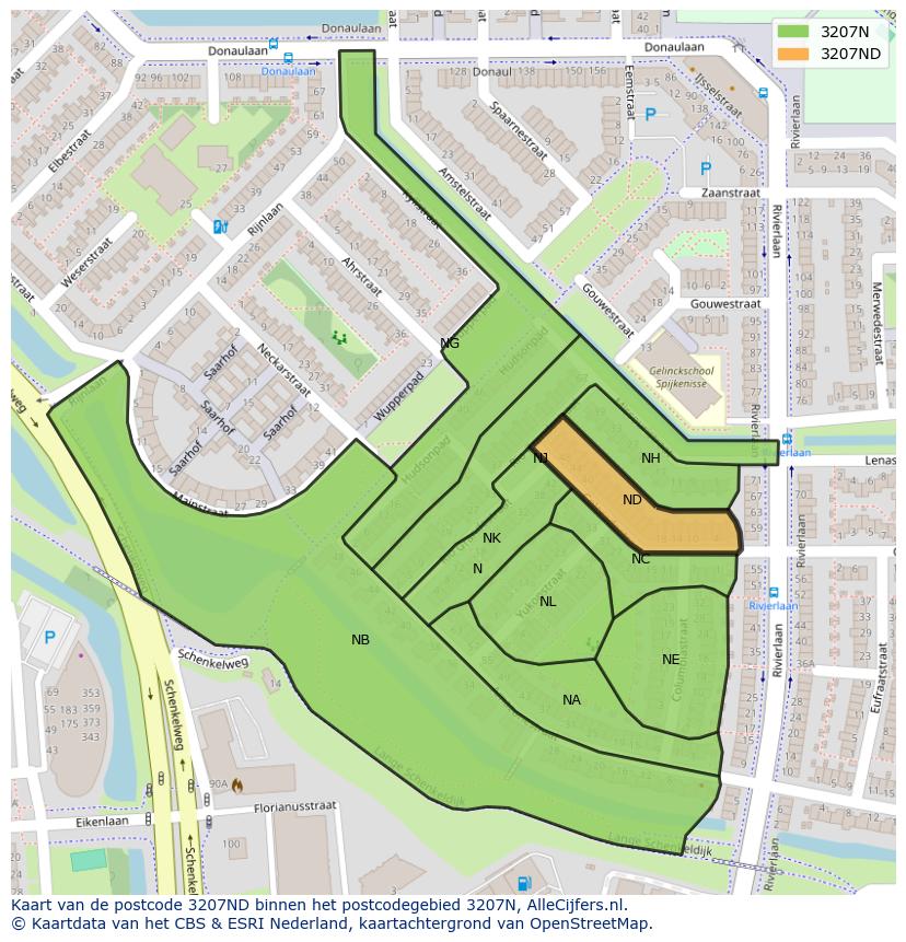 Afbeelding van het postcodegebied 3207 ND op de kaart.