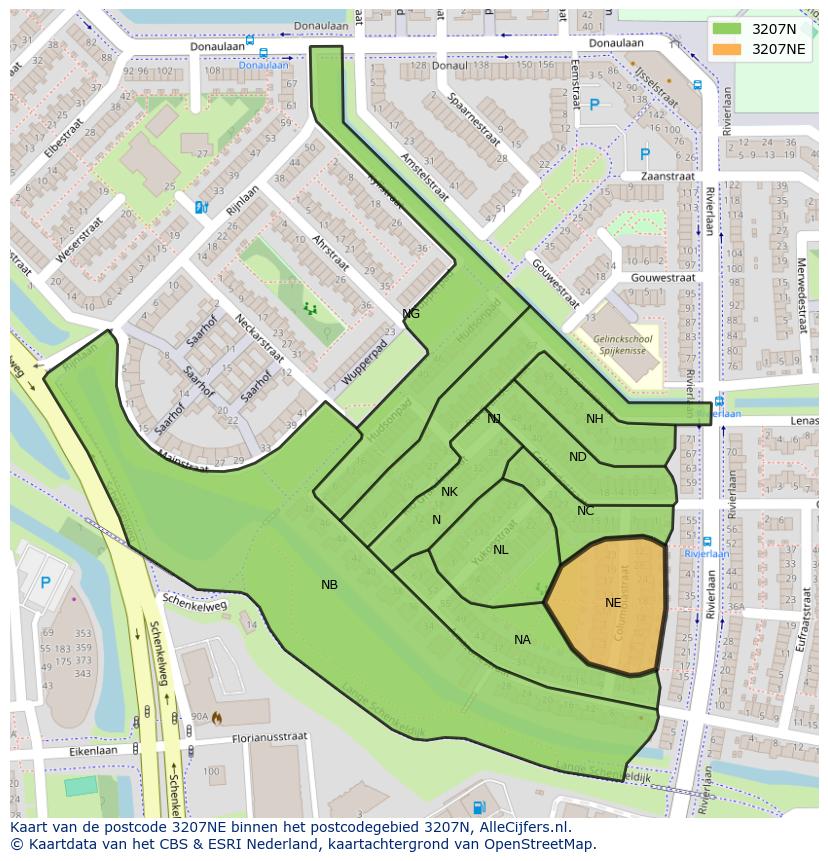 Afbeelding van het postcodegebied 3207 NE op de kaart.