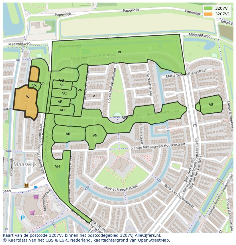 Afbeelding van het postcodegebied 3207 VJ op de kaart.