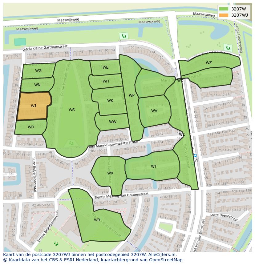 Afbeelding van het postcodegebied 3207 WJ op de kaart.