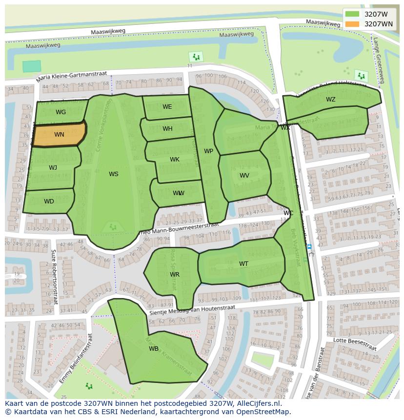 Afbeelding van het postcodegebied 3207 WN op de kaart.