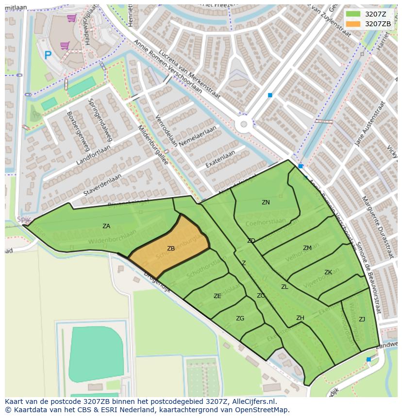 Afbeelding van het postcodegebied 3207 ZB op de kaart.