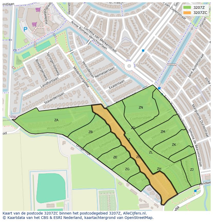 Afbeelding van het postcodegebied 3207 ZC op de kaart.