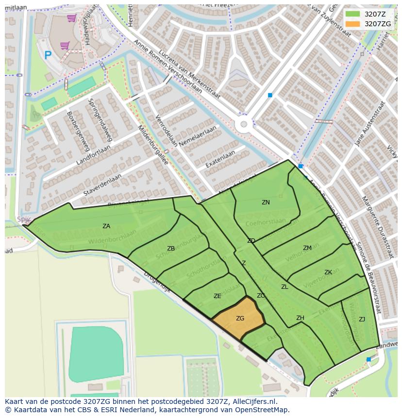 Afbeelding van het postcodegebied 3207 ZG op de kaart.