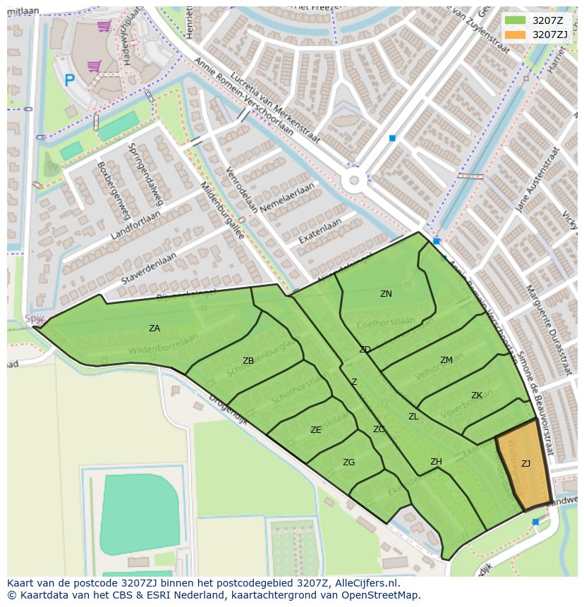 Afbeelding van het postcodegebied 3207 ZJ op de kaart.