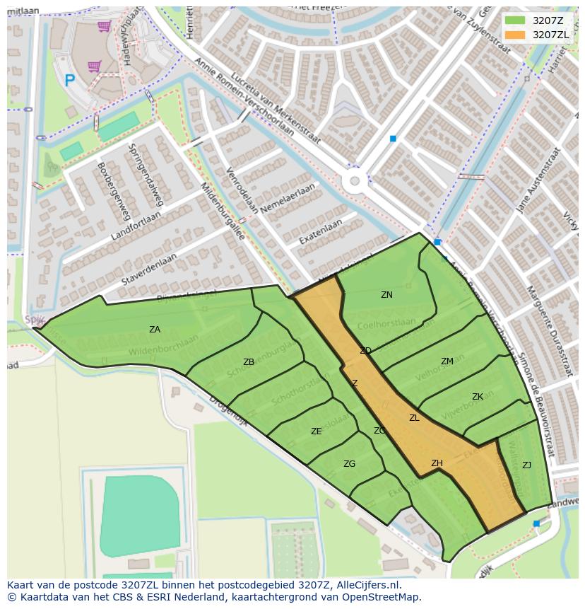 Afbeelding van het postcodegebied 3207 ZL op de kaart.