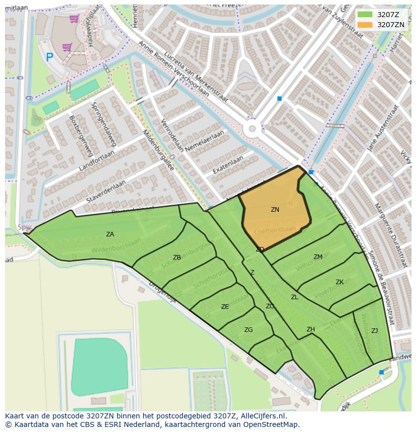 Afbeelding van het postcodegebied 3207 ZN op de kaart.