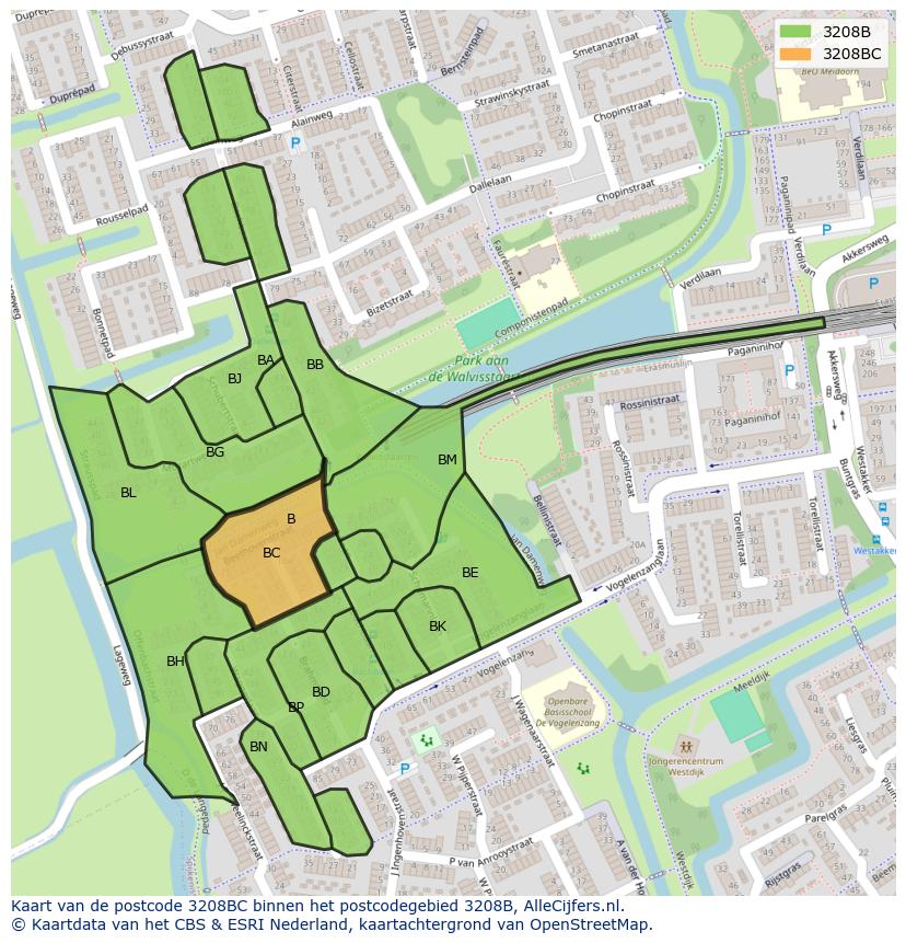 Afbeelding van het postcodegebied 3208 BC op de kaart.