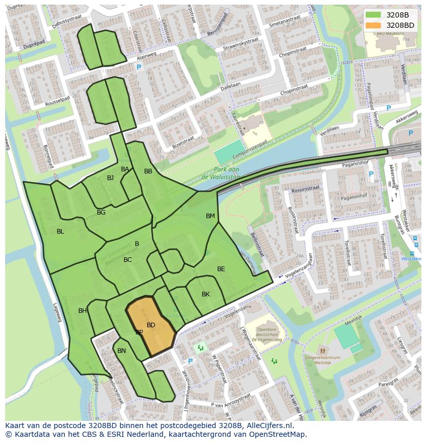 Afbeelding van het postcodegebied 3208 BD op de kaart.