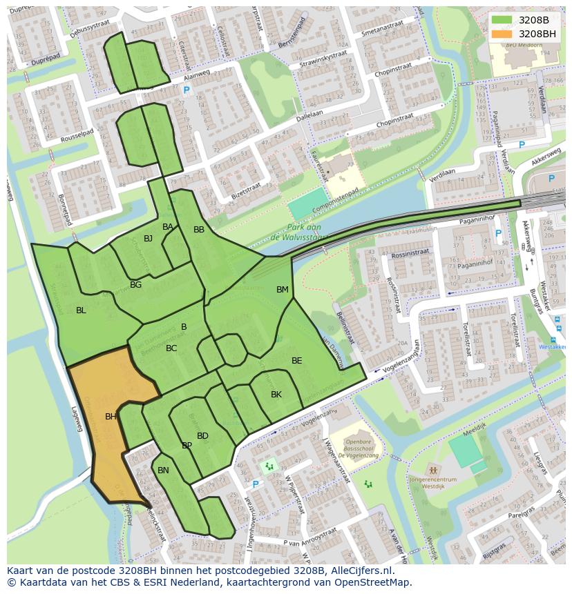Afbeelding van het postcodegebied 3208 BH op de kaart.