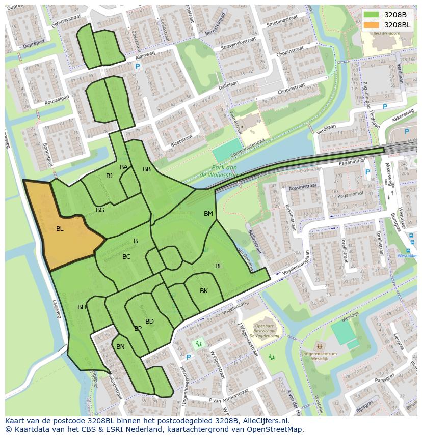 Afbeelding van het postcodegebied 3208 BL op de kaart.