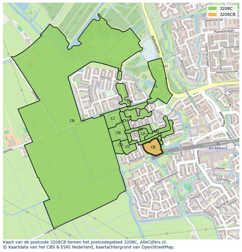 Afbeelding van het postcodegebied 3208 CB op de kaart.