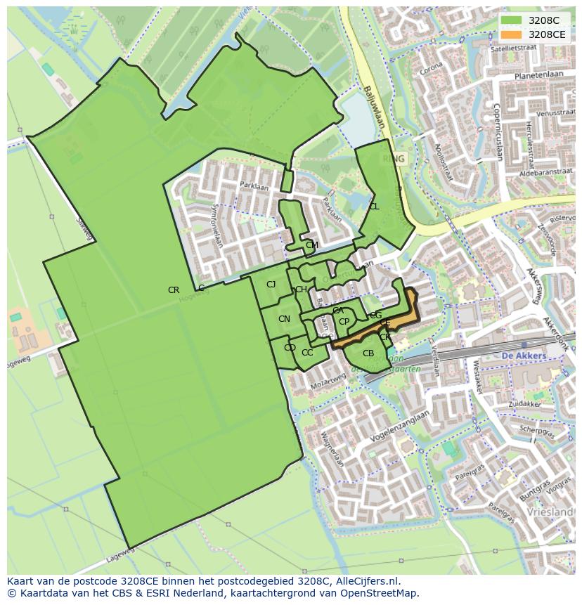 Afbeelding van het postcodegebied 3208 CE op de kaart.