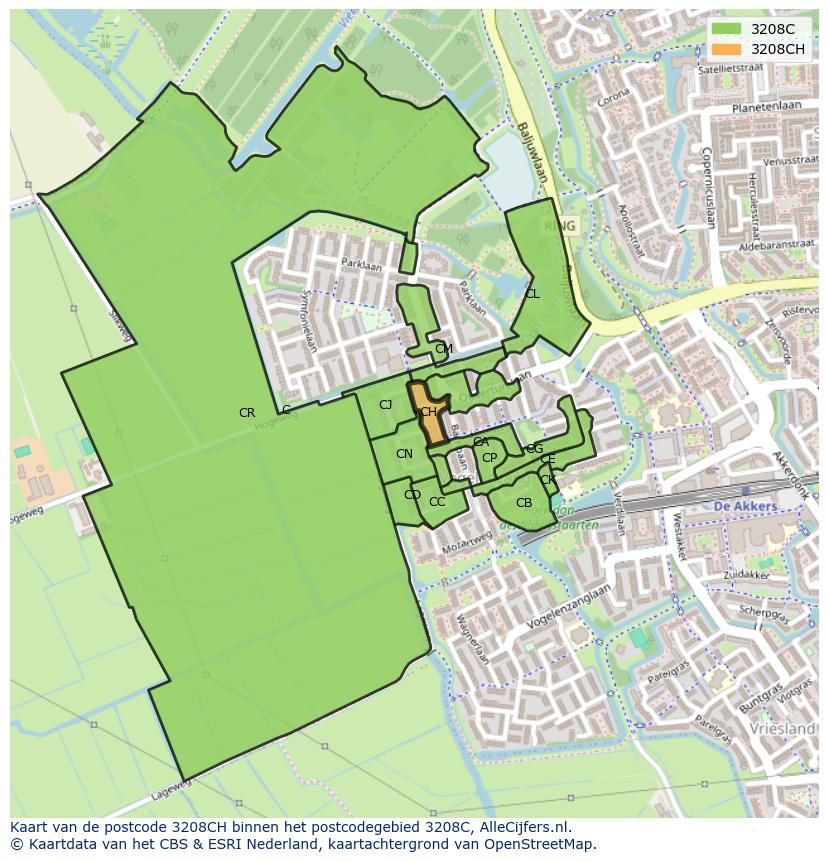 Afbeelding van het postcodegebied 3208 CH op de kaart.