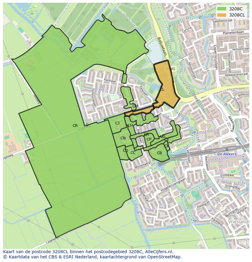 Afbeelding van het postcodegebied 3208 CL op de kaart.