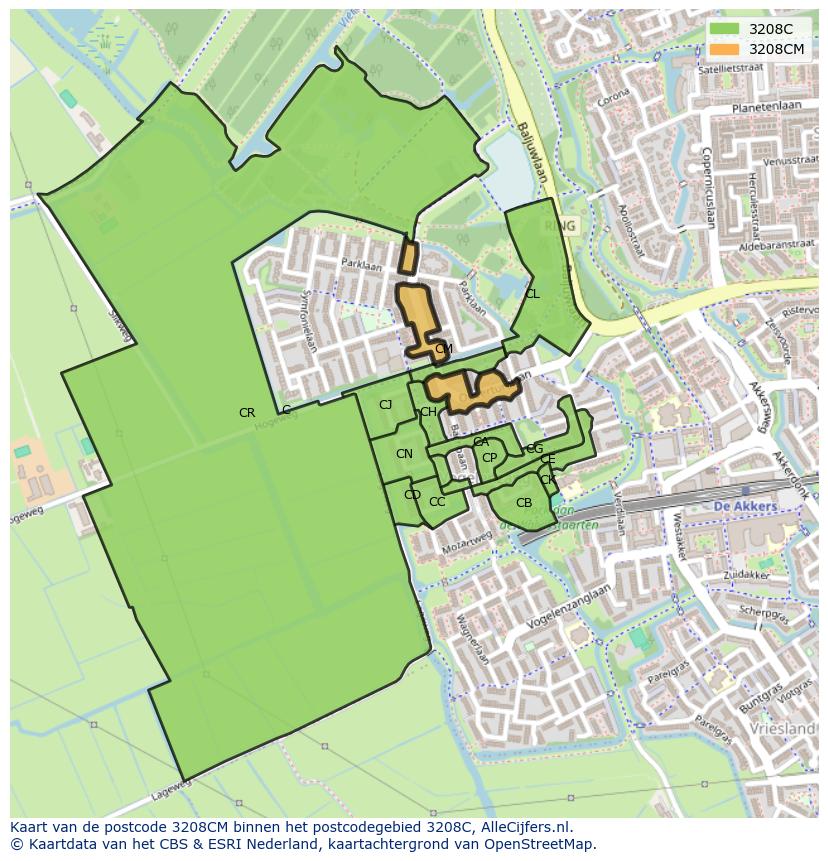 Afbeelding van het postcodegebied 3208 CM op de kaart.