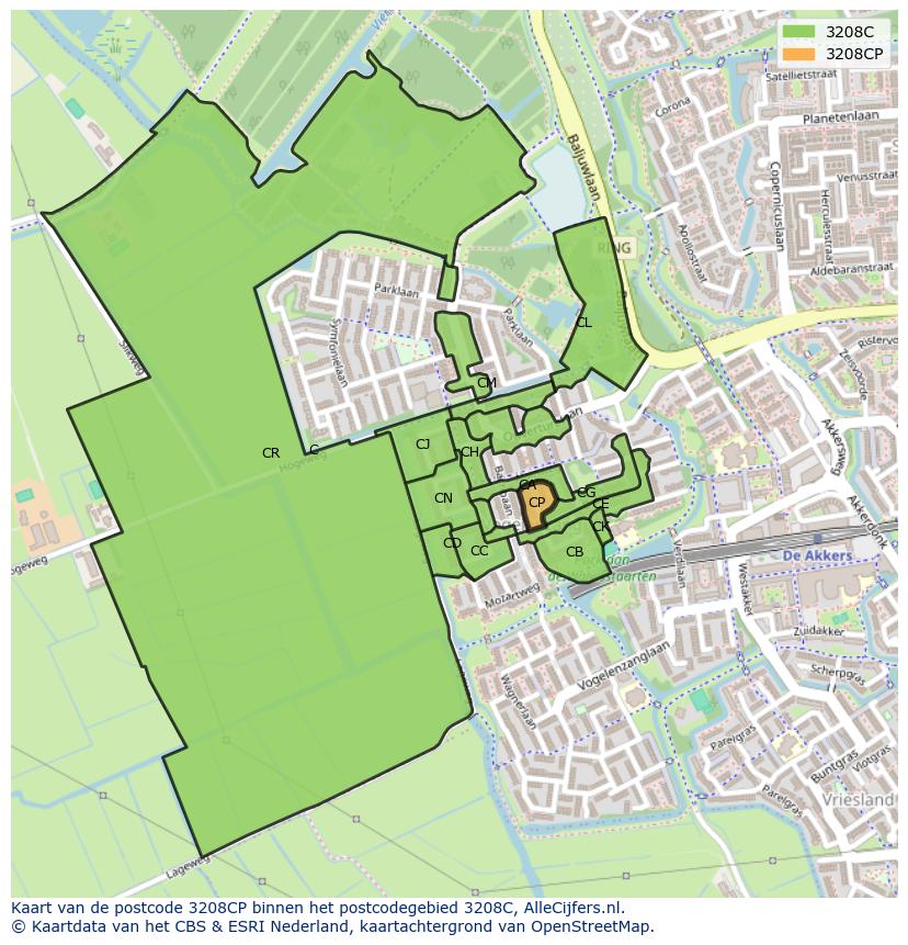 Afbeelding van het postcodegebied 3208 CP op de kaart.