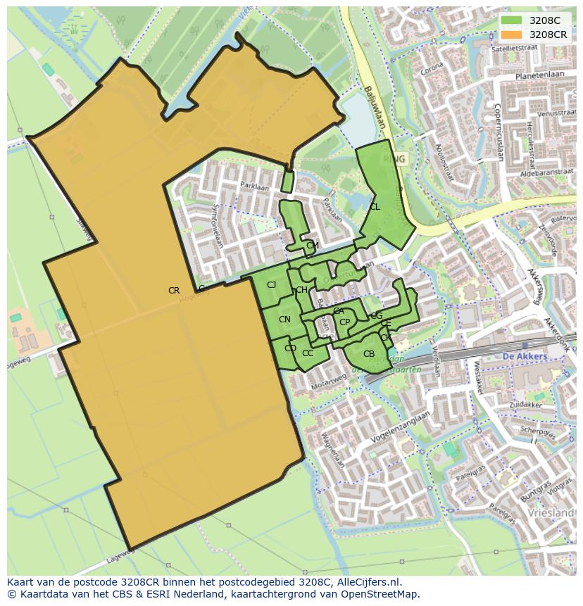 Afbeelding van het postcodegebied 3208 CR op de kaart.
