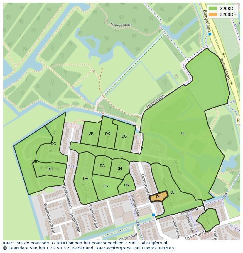 Afbeelding van het postcodegebied 3208 DH op de kaart.