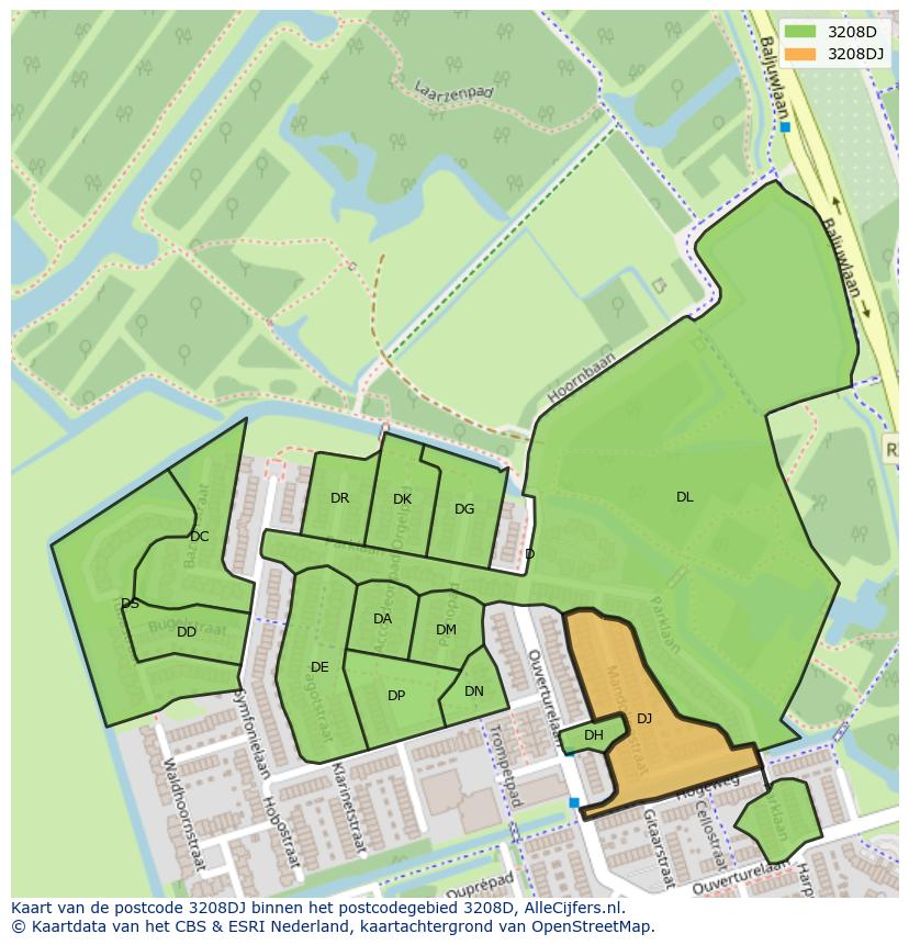Afbeelding van het postcodegebied 3208 DJ op de kaart.