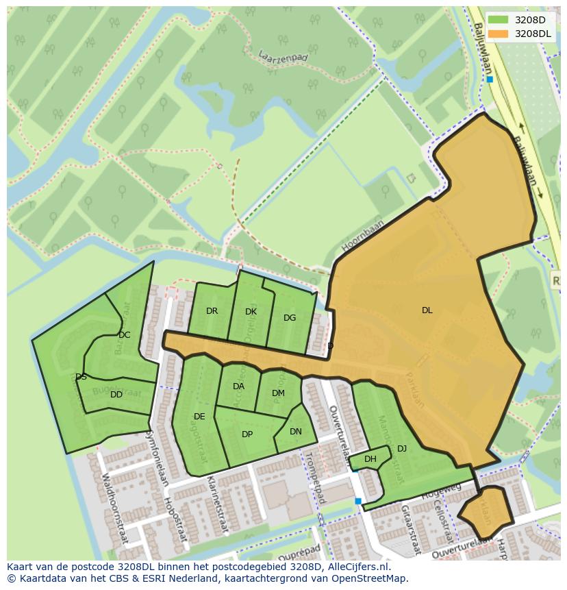 Afbeelding van het postcodegebied 3208 DL op de kaart.
