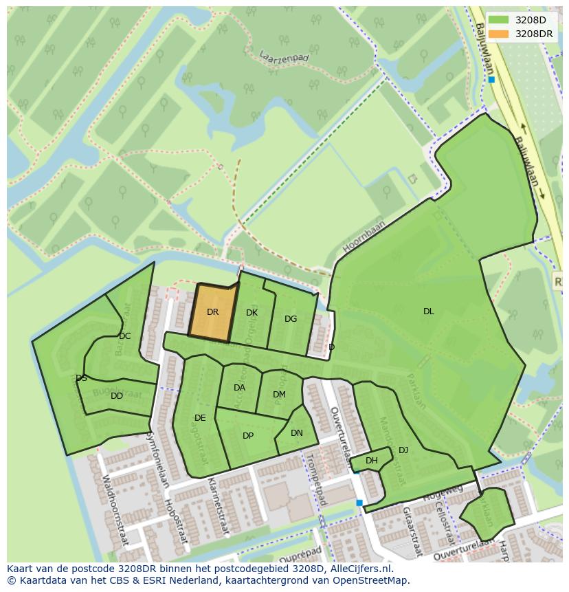 Afbeelding van het postcodegebied 3208 DR op de kaart.