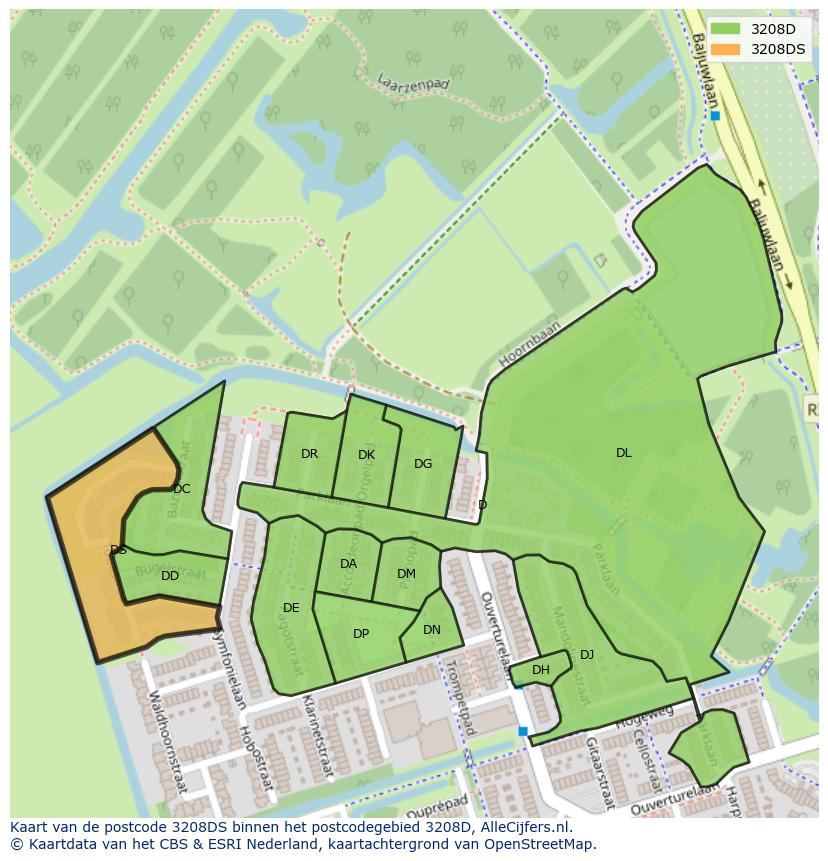 Afbeelding van het postcodegebied 3208 DS op de kaart.