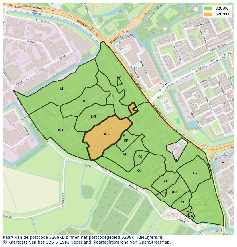 Afbeelding van het postcodegebied 3208 KB op de kaart.