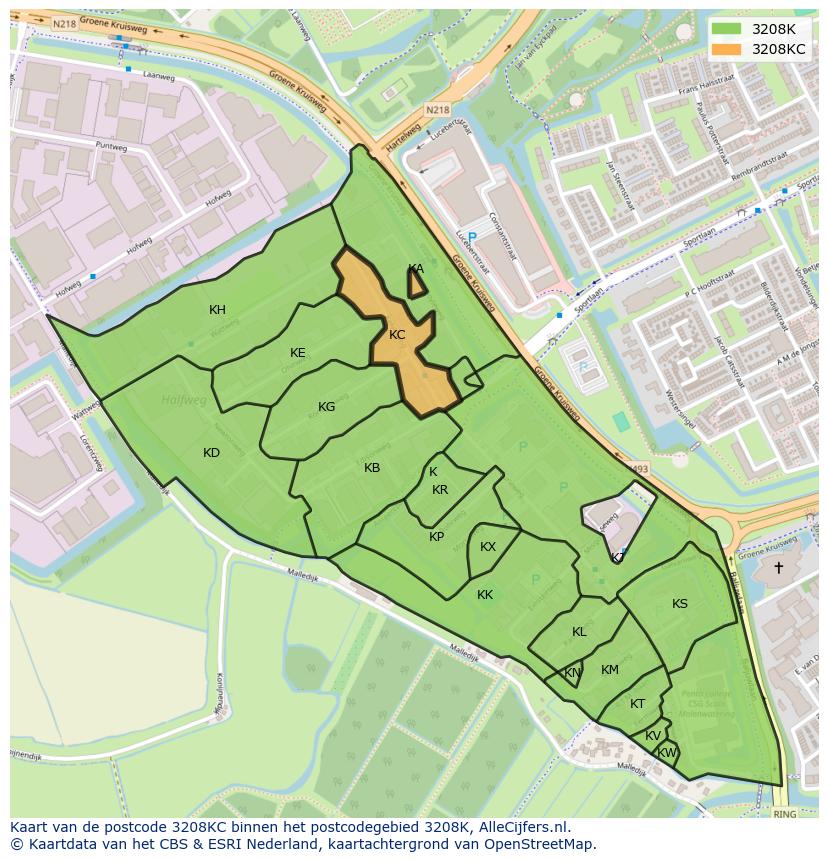 Afbeelding van het postcodegebied 3208 KC op de kaart.