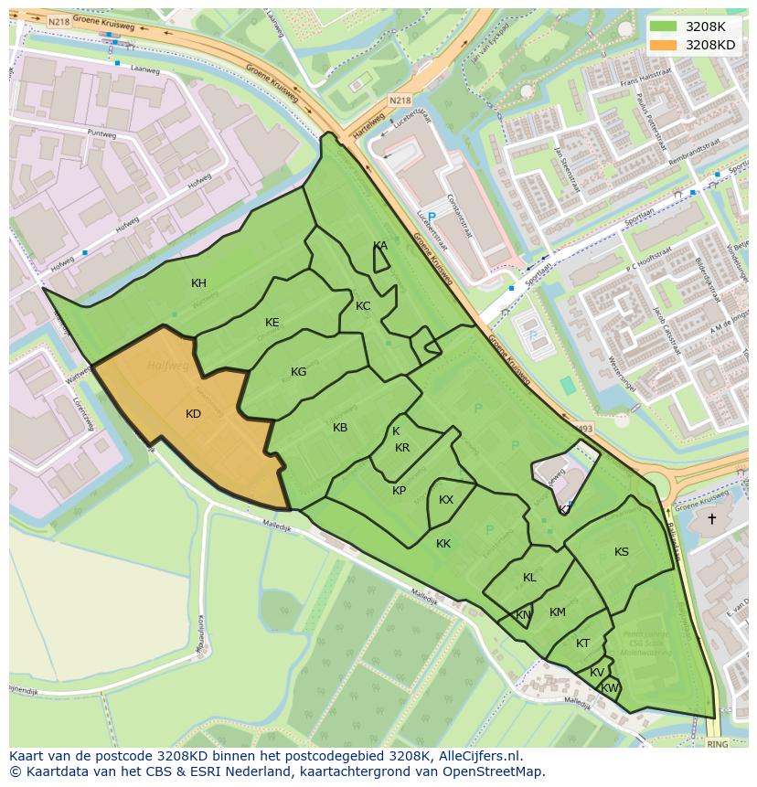 Afbeelding van het postcodegebied 3208 KD op de kaart.