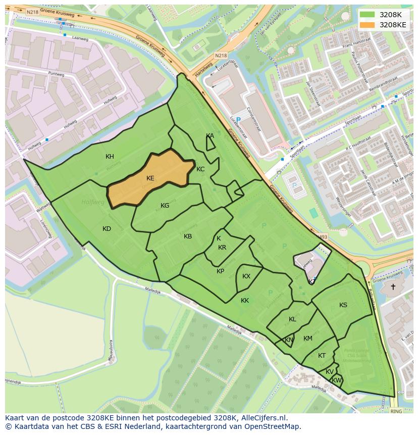 Afbeelding van het postcodegebied 3208 KE op de kaart.