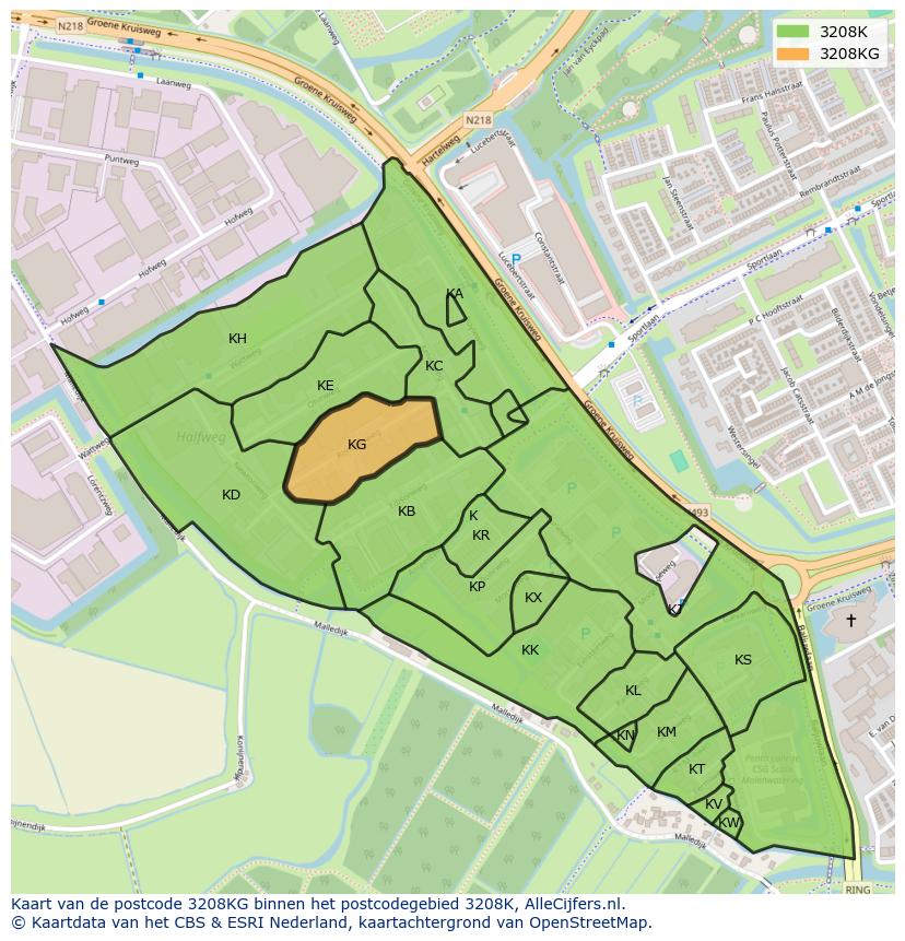 Afbeelding van het postcodegebied 3208 KG op de kaart.