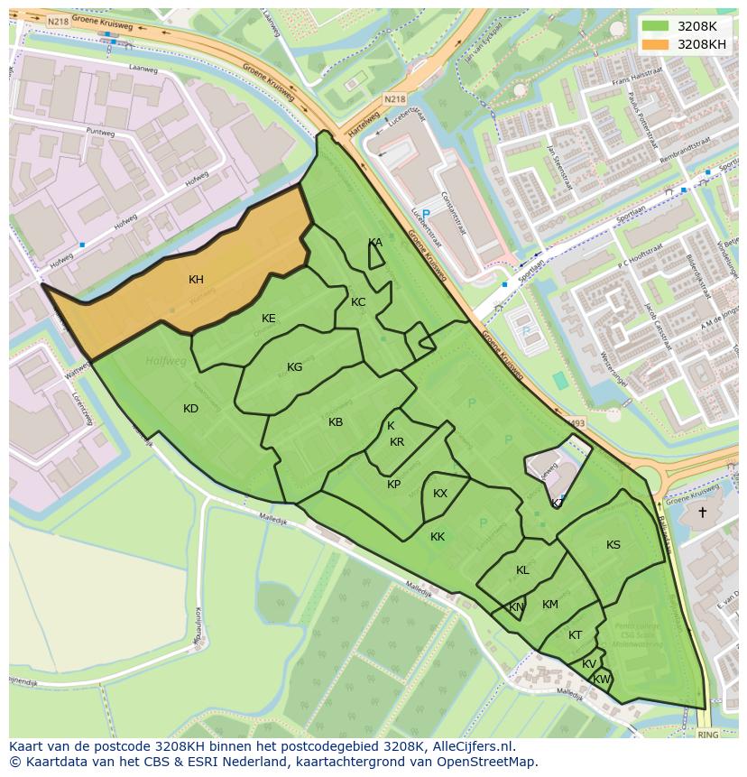 Afbeelding van het postcodegebied 3208 KH op de kaart.