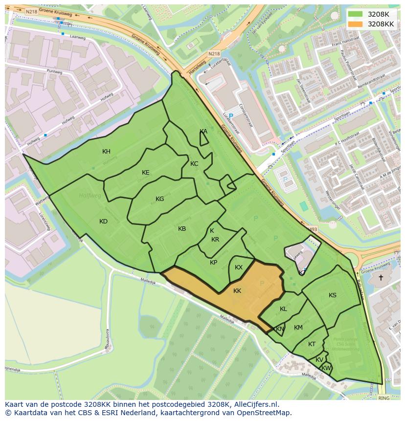 Afbeelding van het postcodegebied 3208 KK op de kaart.
