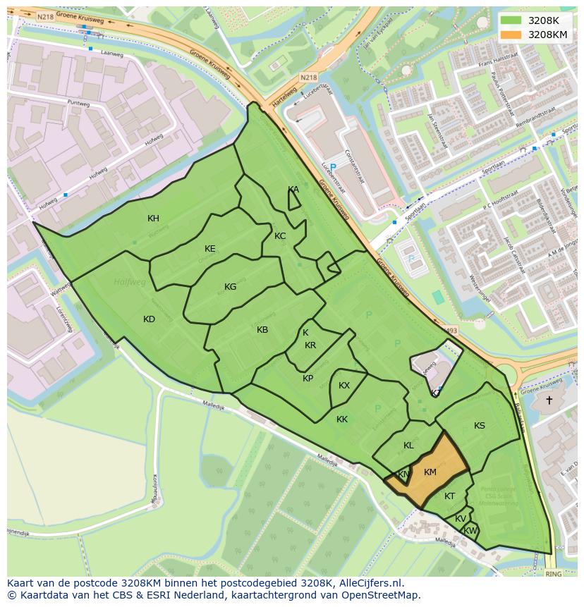 Afbeelding van het postcodegebied 3208 KM op de kaart.
