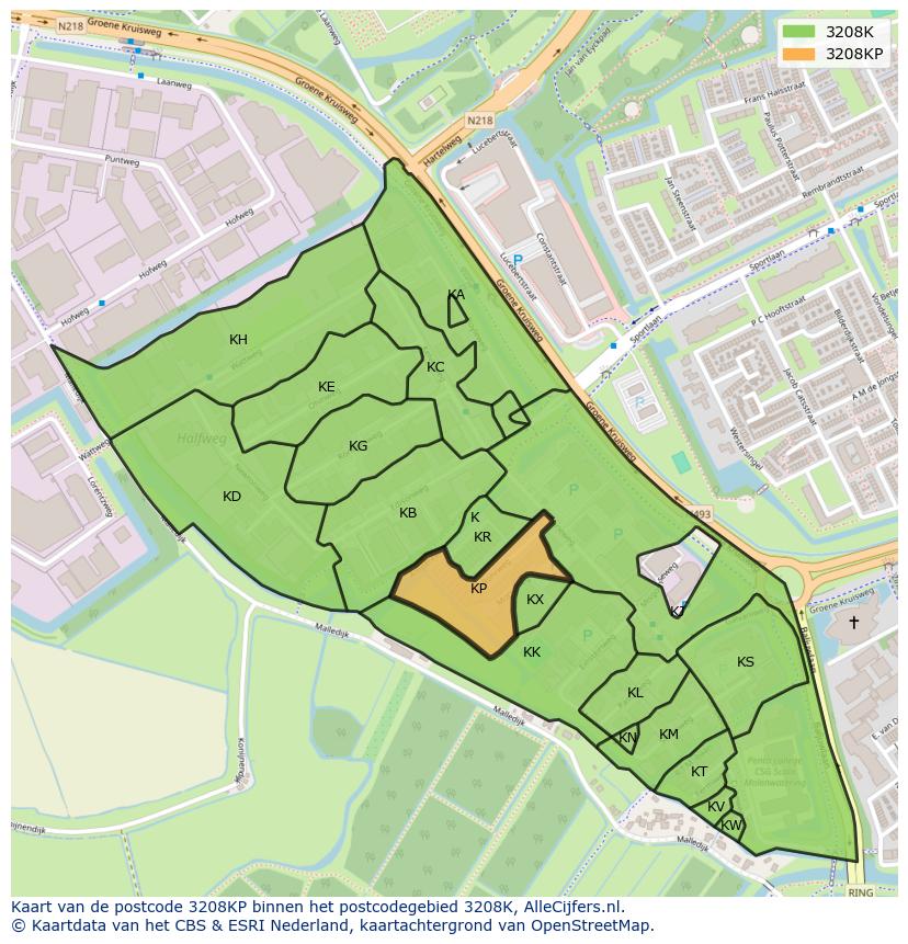 Afbeelding van het postcodegebied 3208 KP op de kaart.